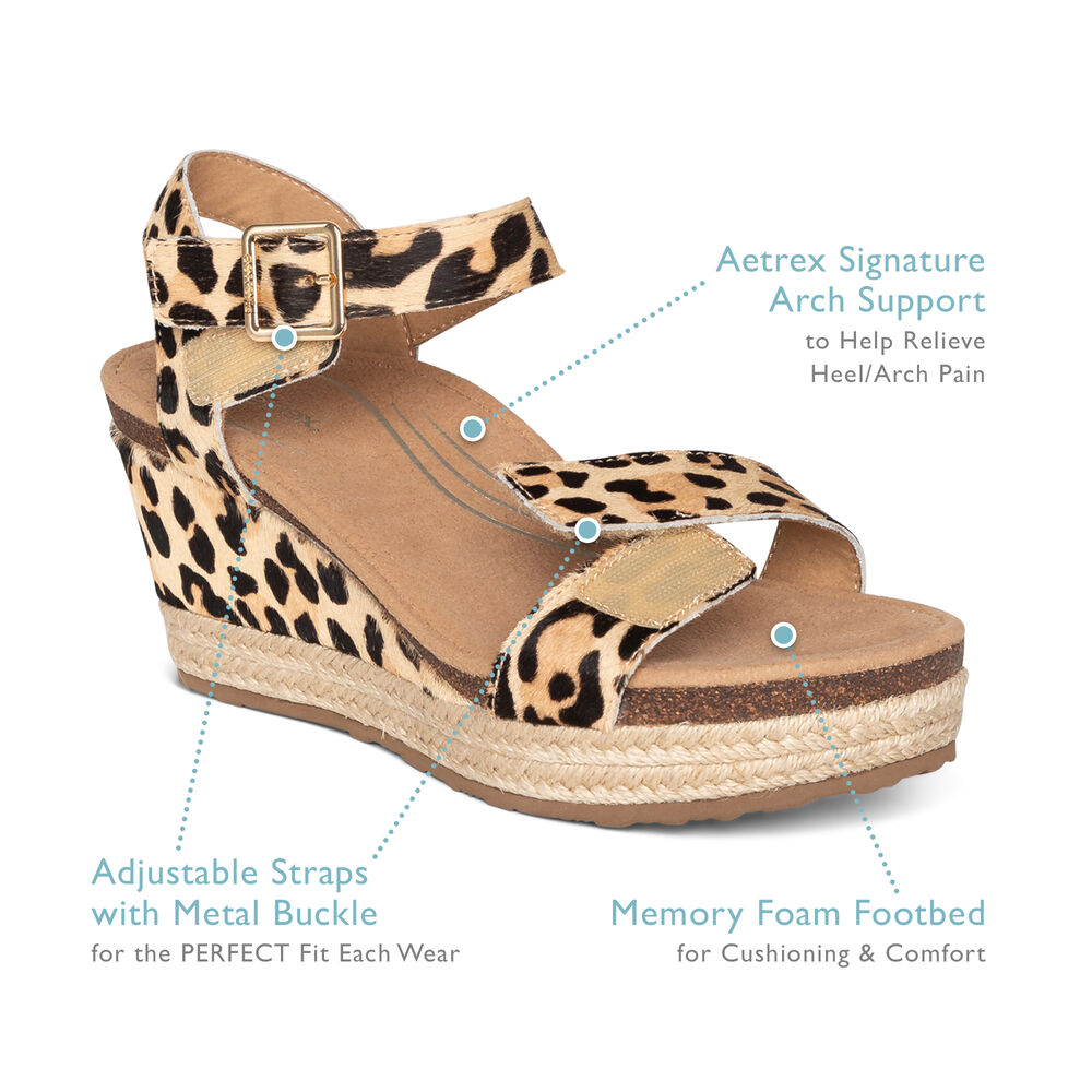 Aetrex Women's Sydney Quarter Strap Espadrille Wedge Sandals - Leopard | USA ROBMY8H